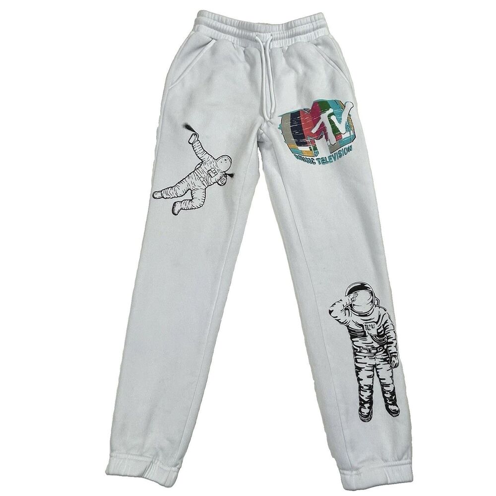 Retro MTV Womens XS Joggers Pants Graphic White Sweatpants Casual Lounge Pull On